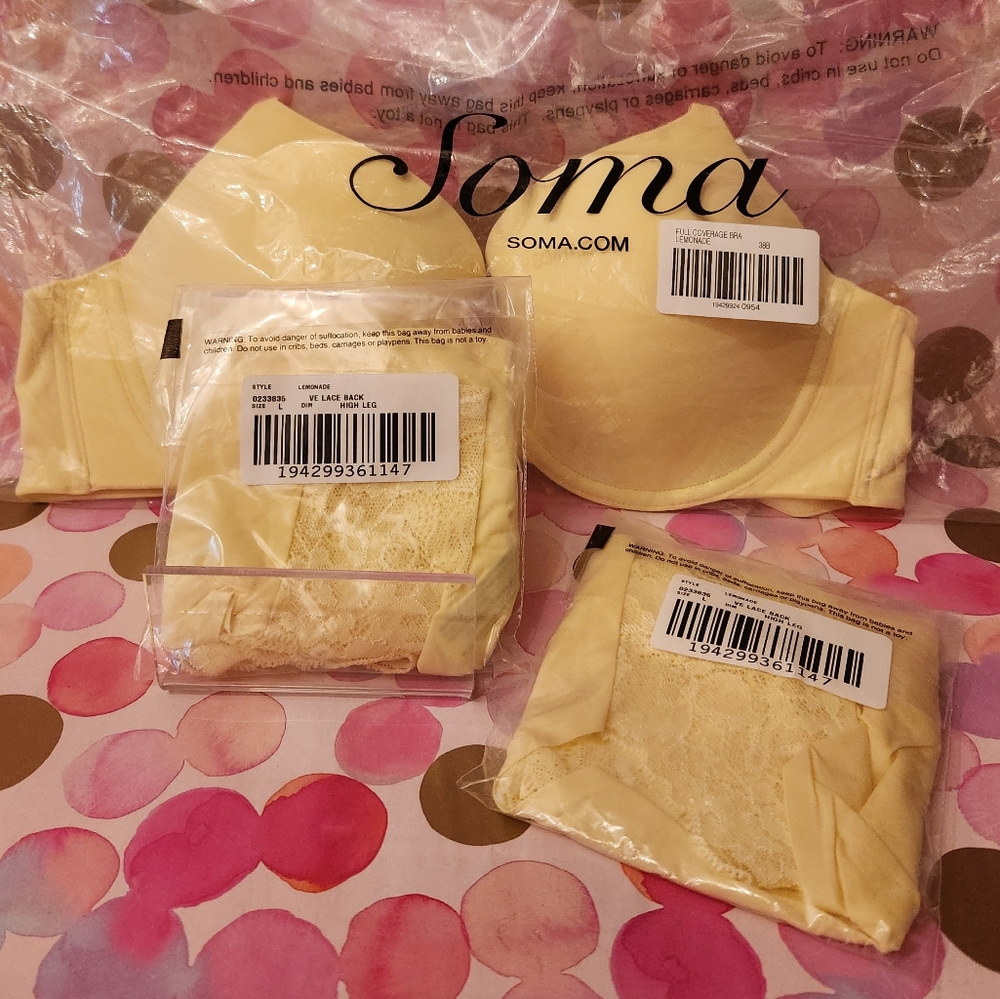 Soma Intimates "Lemonade" Yellow Bundle; Full-Cov Bra (38B), 2 Panties (L); NWT